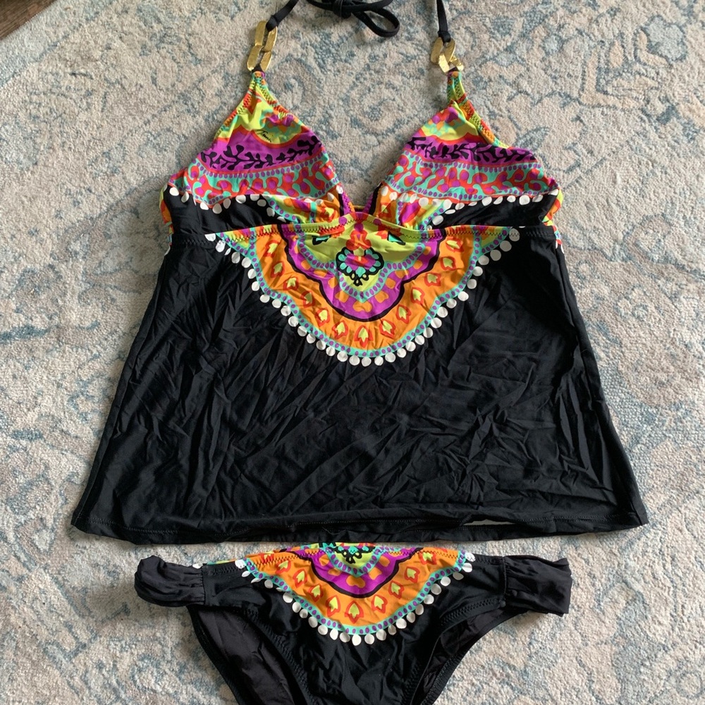 Trina Turk tankini bathing suit with gold accent